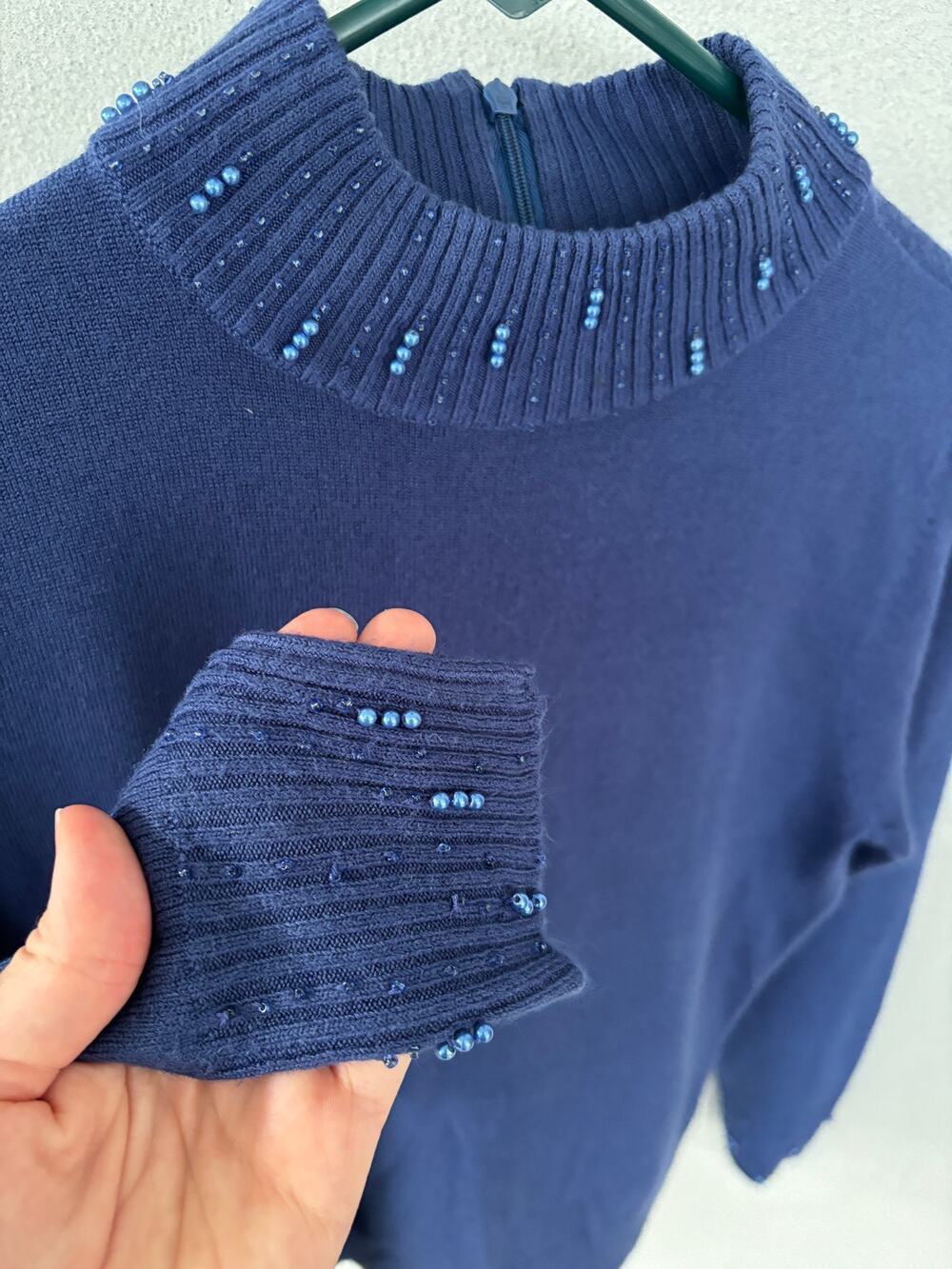 Navy Mockneck Sweater with Beading Detail Medium Petite Grandmacore Cottagecore